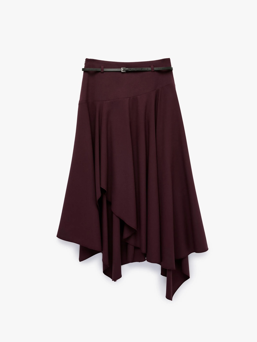Burgundy A-Line Asymmetric Midi Skirt