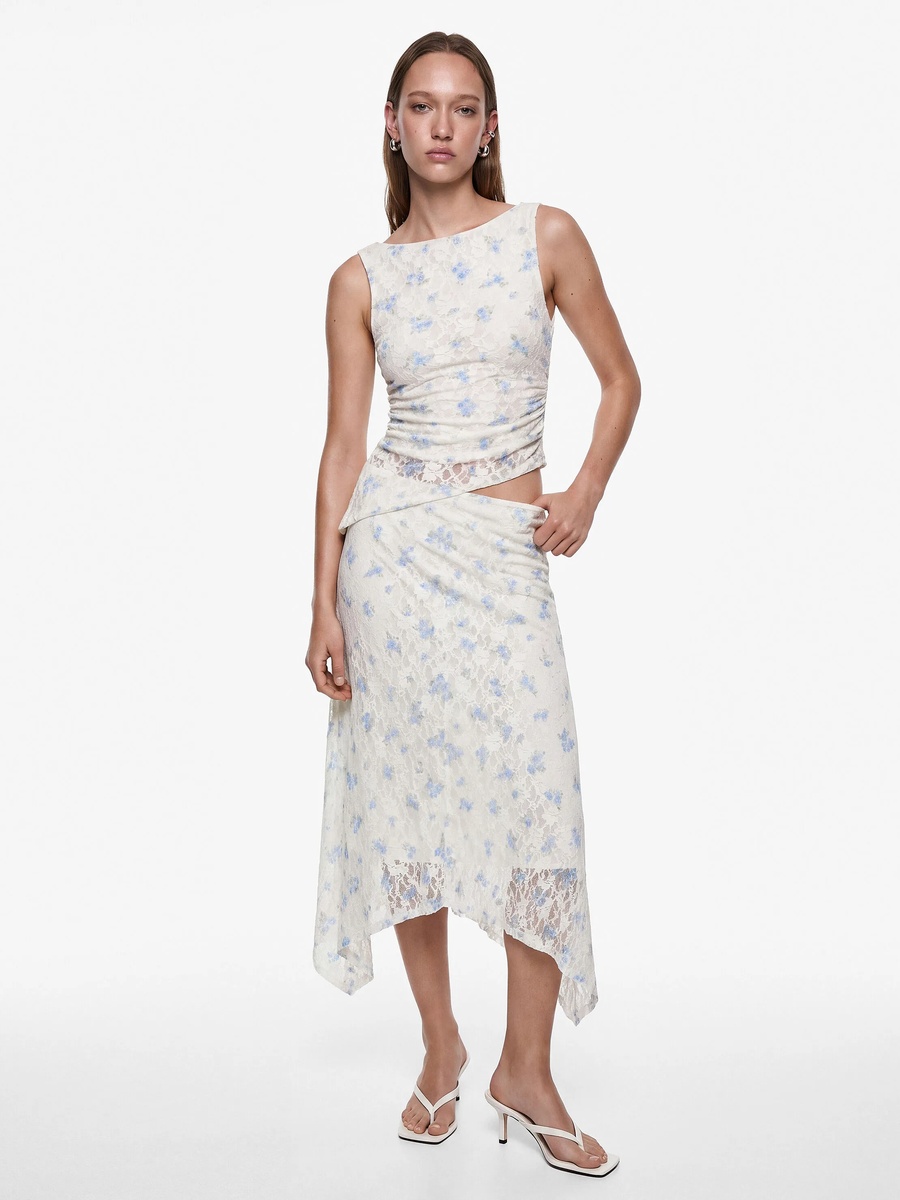 Beige A-Line Floral Midi Skirt