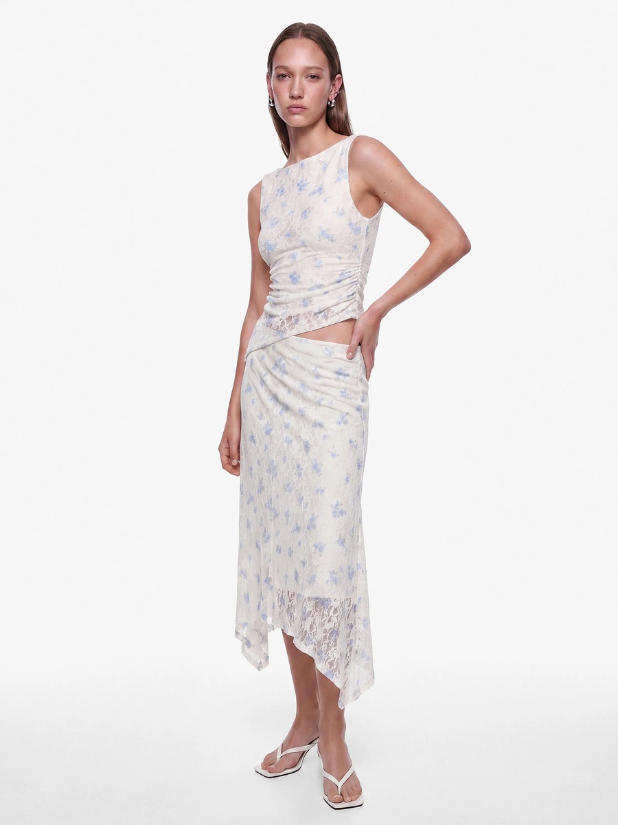 Beige A-Line Floral Midi Skirt