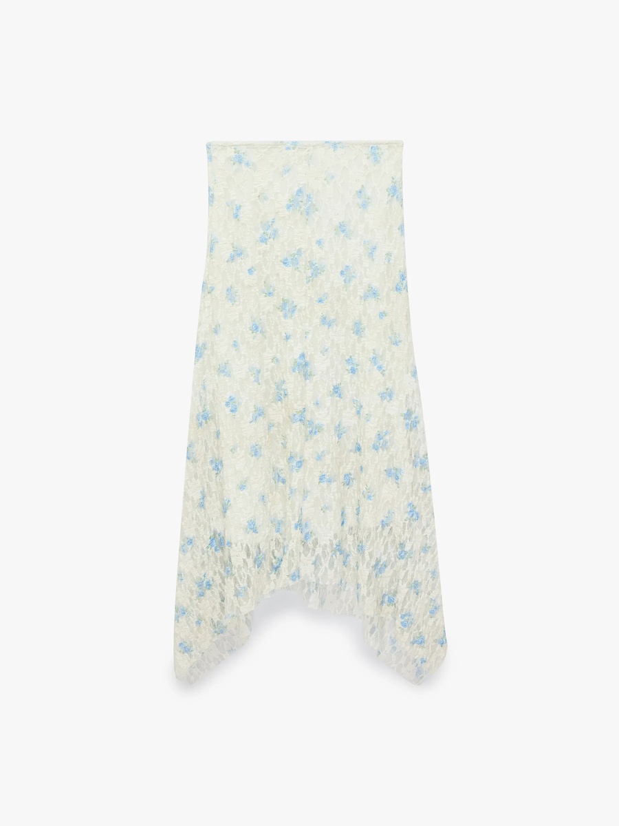 Beige A-Line Floral Midi Skirt