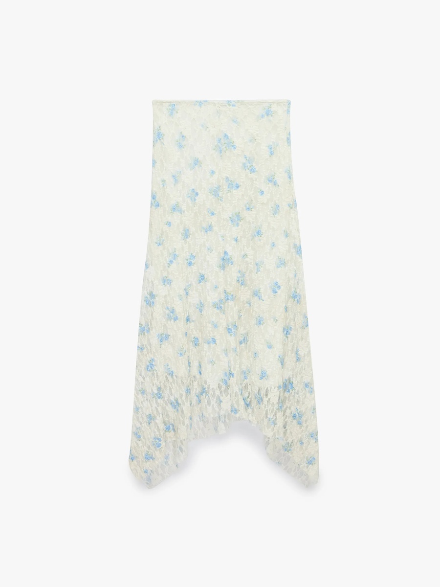 Beige A-Line Floral Midi Skirt