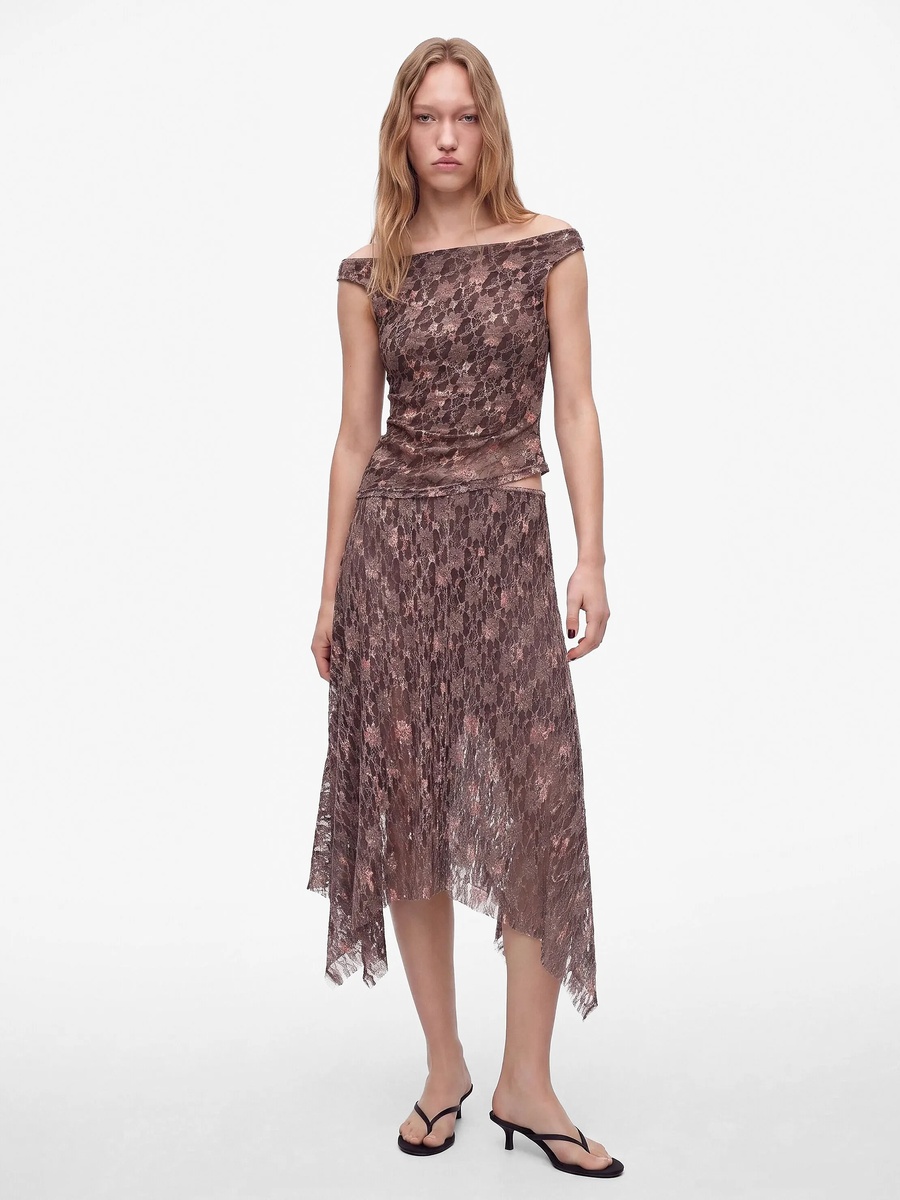 Brown A-Line Midi Skirt with Print