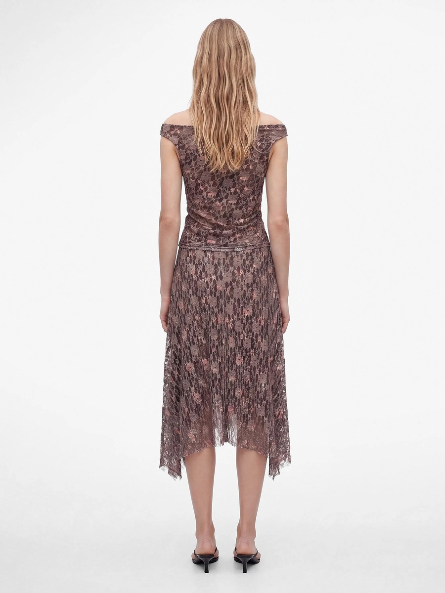Brown A-Line Midi Skirt with Print