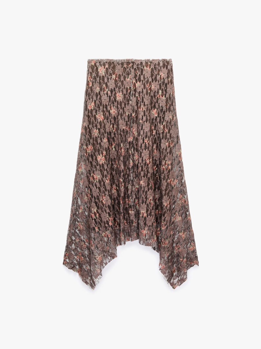 Brown A-Line Midi Skirt with Print