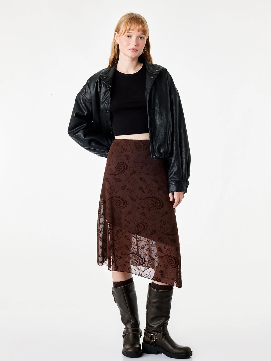Brown Paisley A-Line Midi Skirt