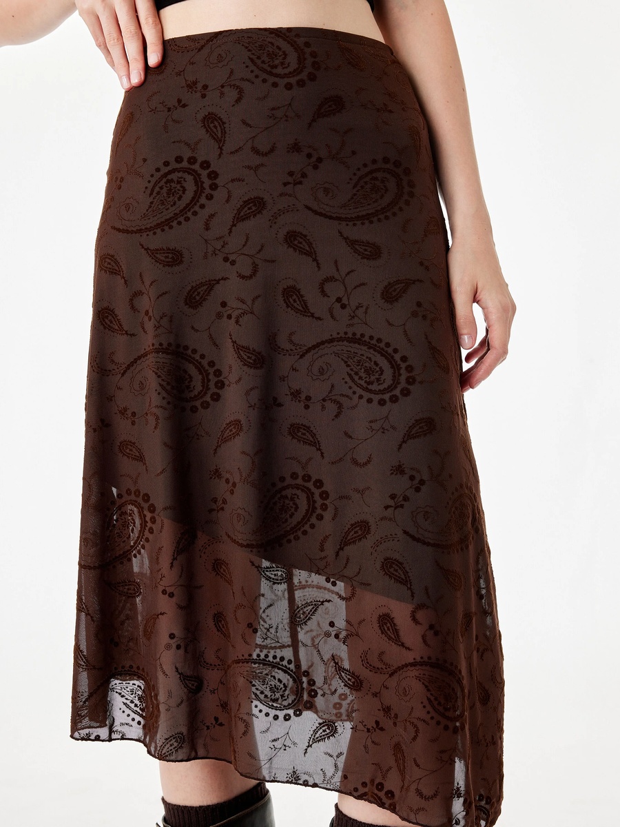Brown Paisley A-Line Midi Skirt