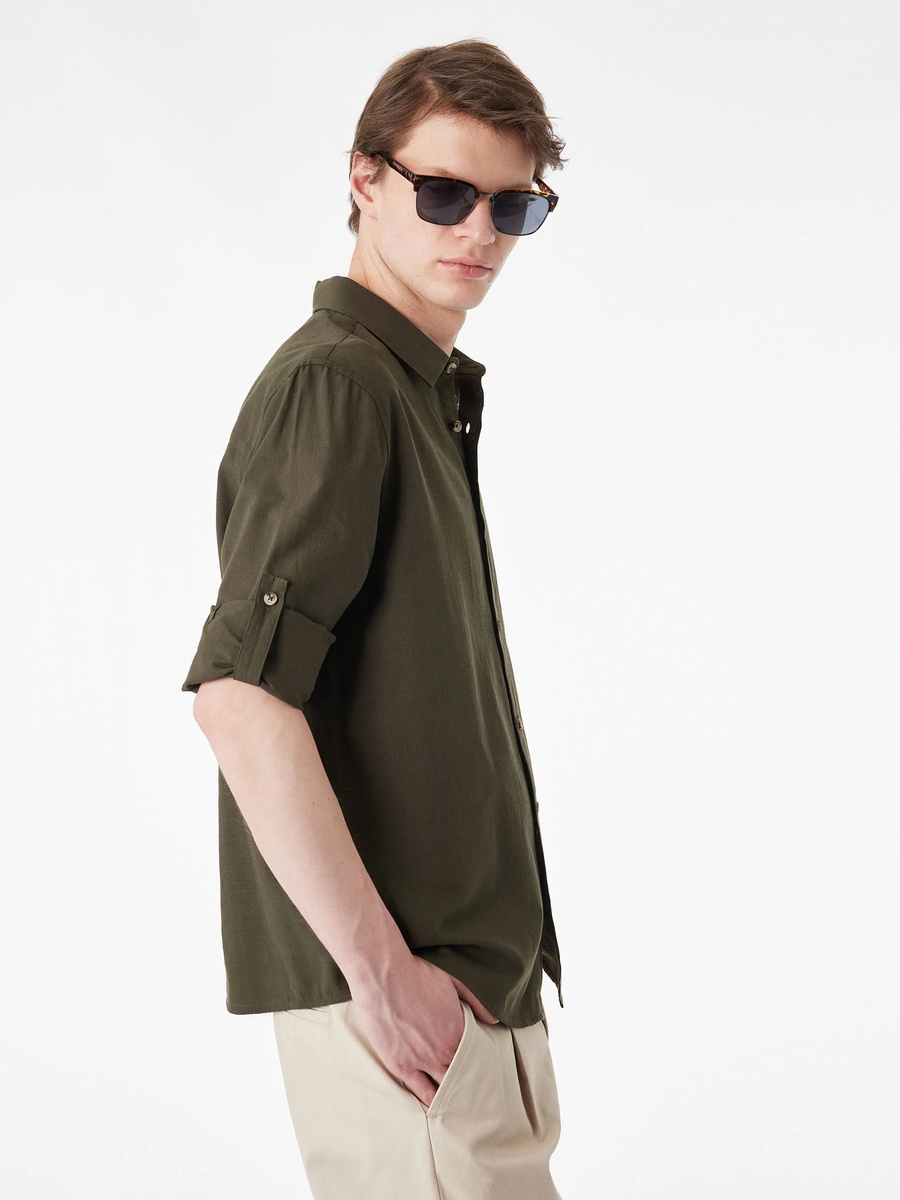 Mens Khaki Checked Spread Collar Shirt