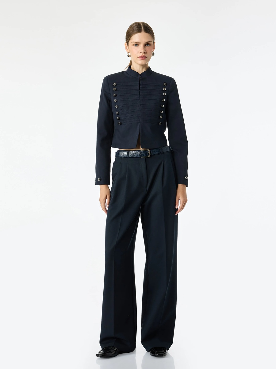 Navy Blue Cropped Military-Style Button Blazer