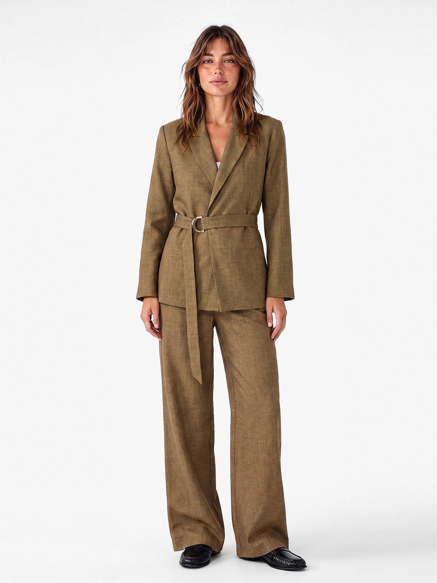 Khaki Regular Fit Belted Blazer