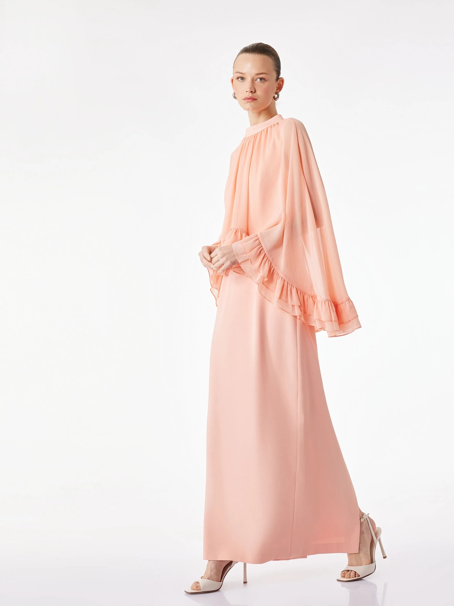 Plain Orange Maxi Cape Dress with Long Sleeves - Daytime Elegance
