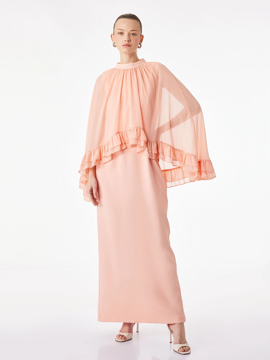 Plain Orange Maxi Cape Dress with Long Sleeves - Daytime Elegance