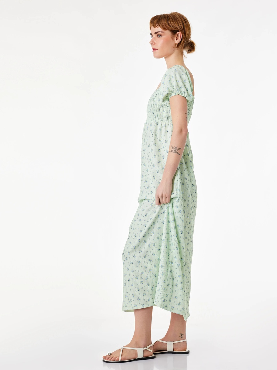 Green Floral Smock Midi Dress with Short Sleeves