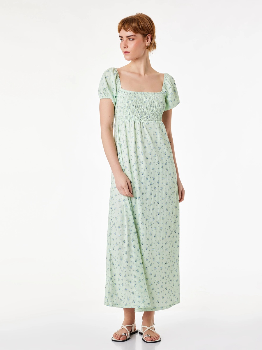 Green Floral Smock Midi Dress with Short Sleeves
