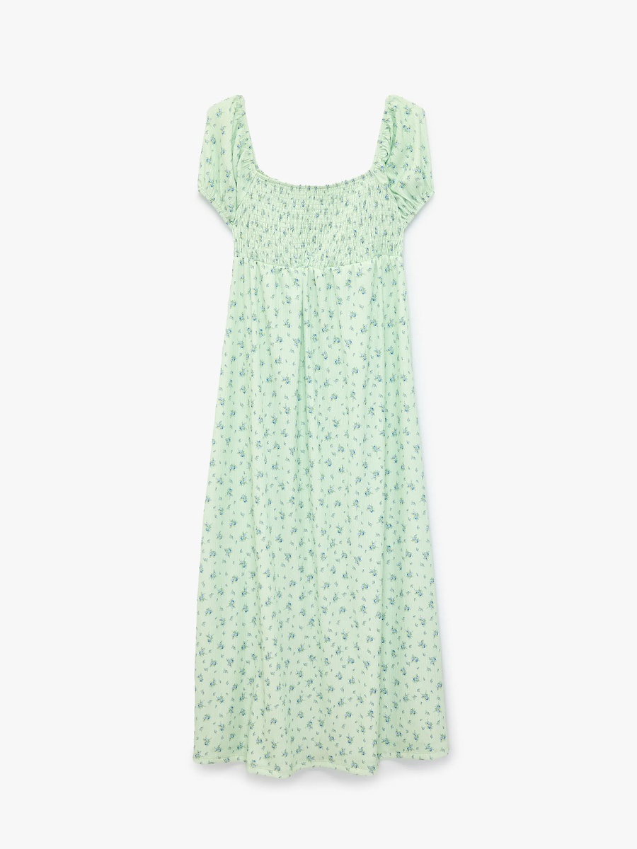 Green Floral Smock Midi Dress with Short Sleeves