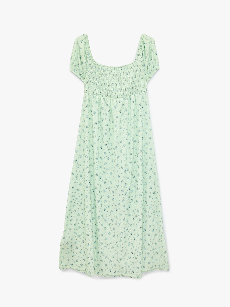 Green Floral Smock Midi Dress with Short Sleeves