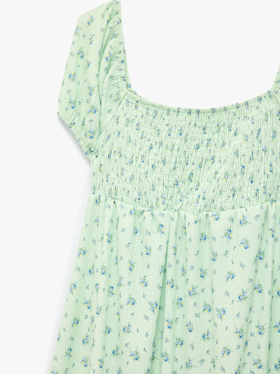 Green Floral Smock Midi Dress with Short Sleeves