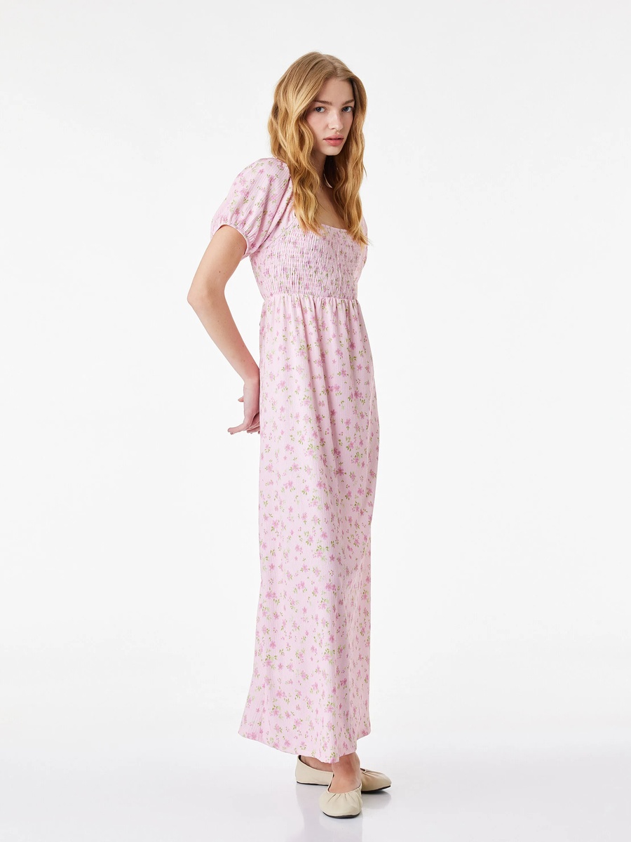 Pink Floral Smocked Maxi Dress with Short Sleeves