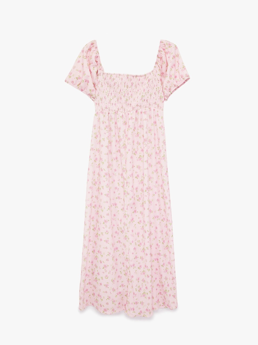 Pink Floral Smocked Maxi Dress with Short Sleeves