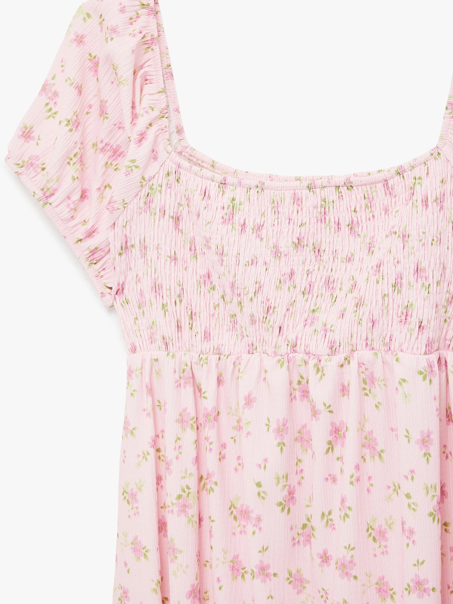 Pink Floral Smocked Maxi Dress with Short Sleeves
