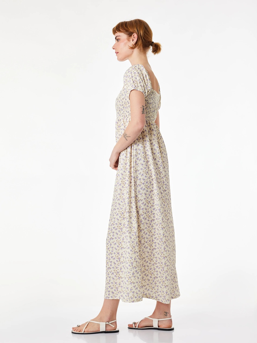 Yellow Floral Smock Midi Dress with Short Sleeves