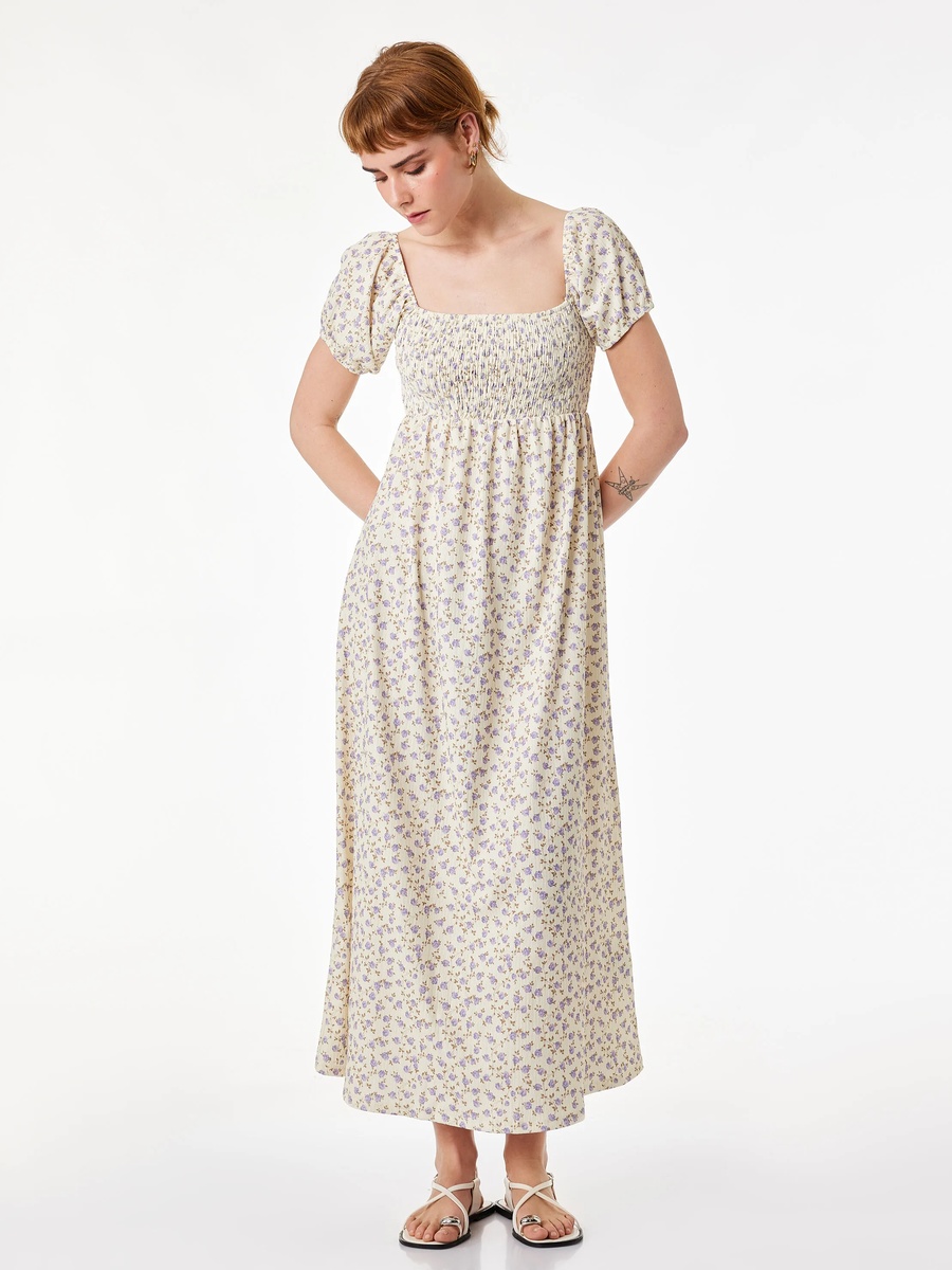 Yellow Floral Smock Midi Dress with Short Sleeves