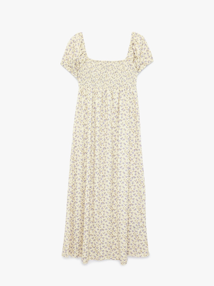 Yellow Floral Smock Midi Dress with Short Sleeves