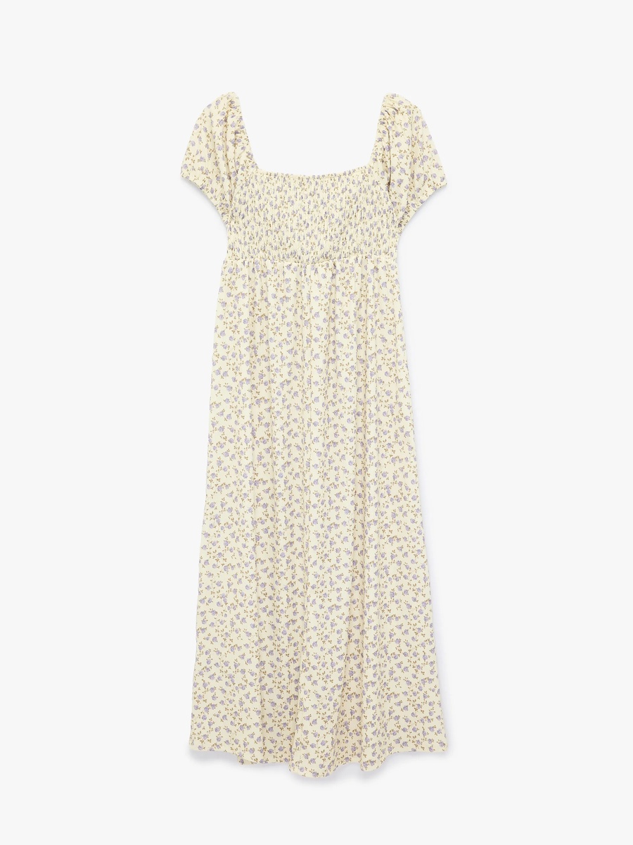 Yellow Floral Smock Midi Dress with Short Sleeves