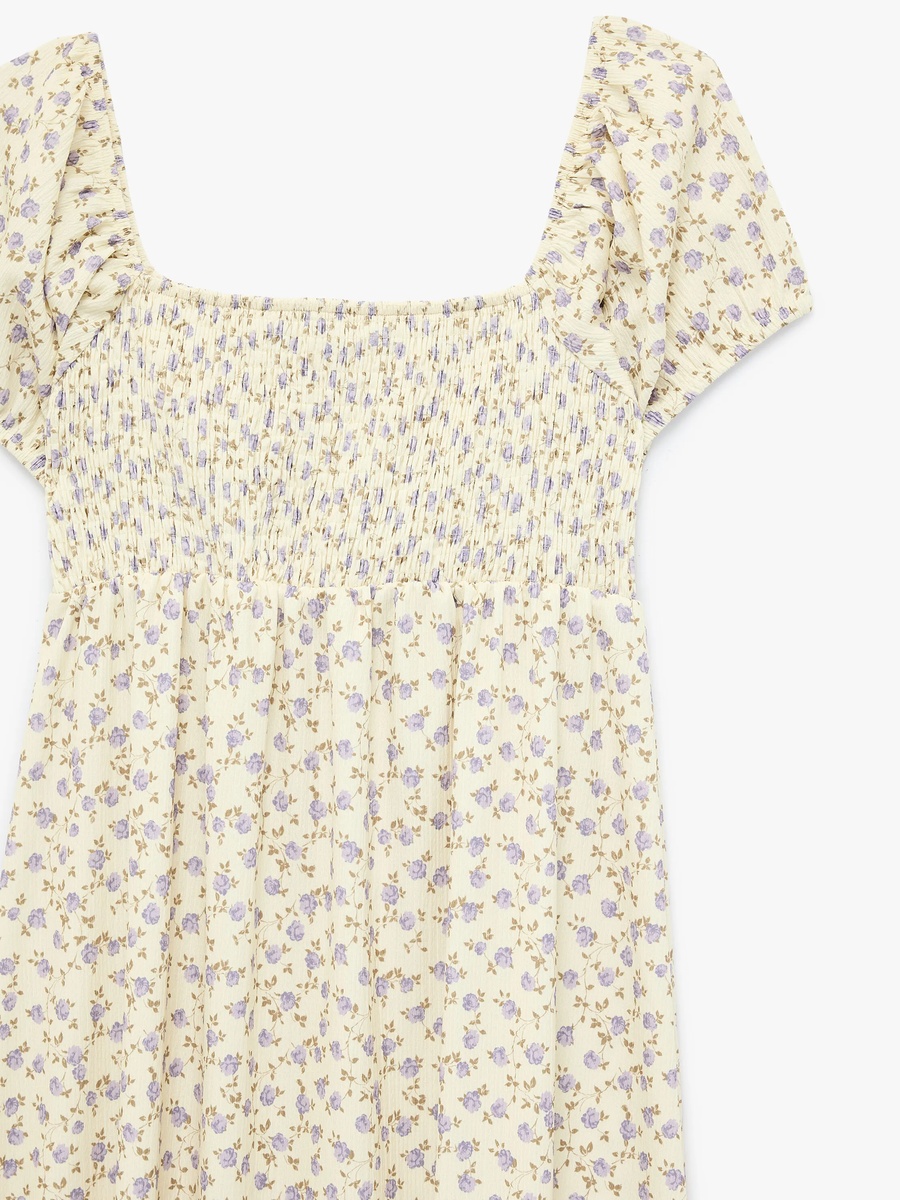 Yellow Floral Smock Midi Dress with Short Sleeves