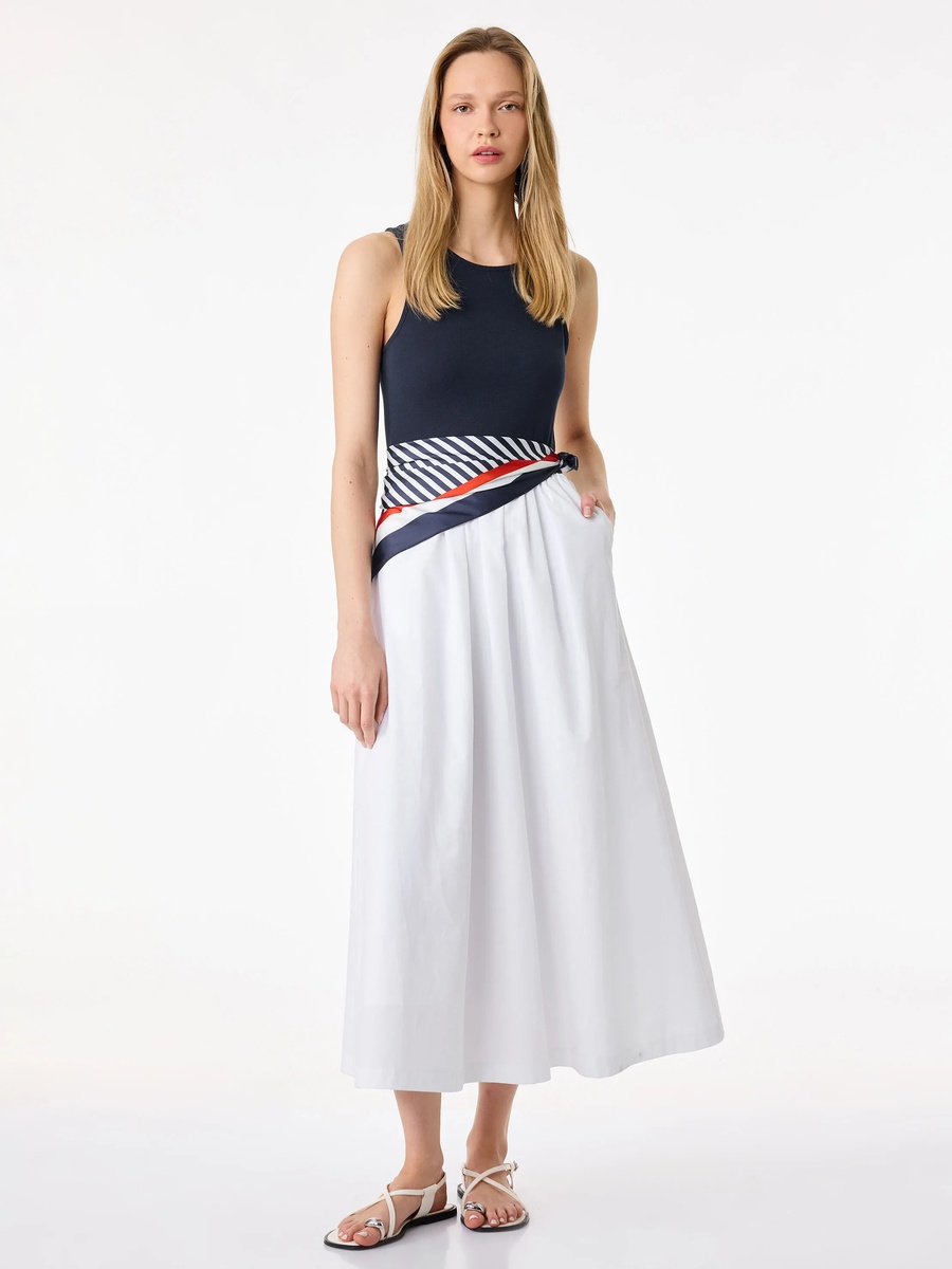 Navy Sleeveless A-Line Midi Dress with Striped Waist Detail