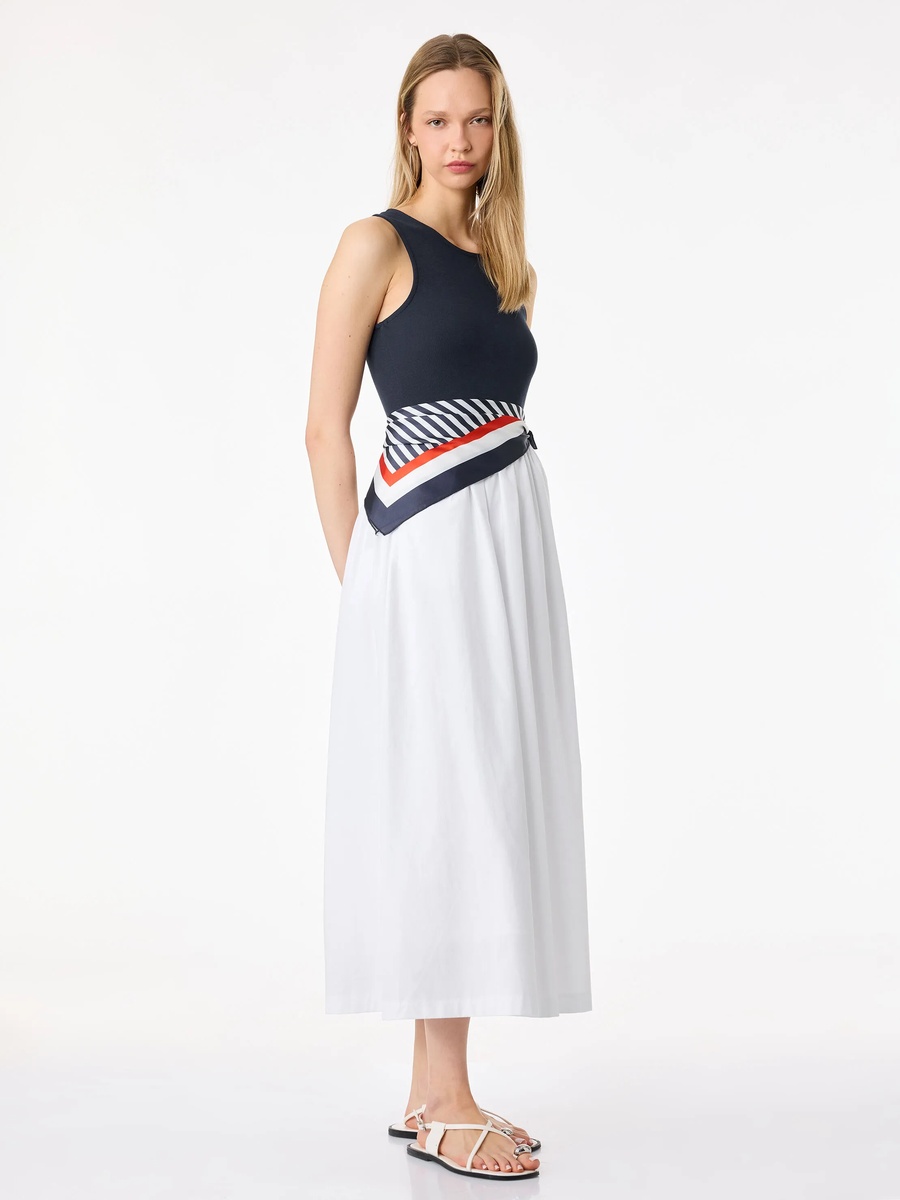 Navy Sleeveless A-Line Midi Dress with Striped Waist Detail