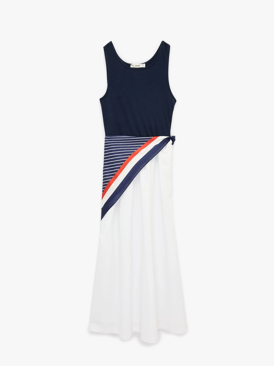 Navy Sleeveless A-Line Midi Dress with Striped Waist Detail