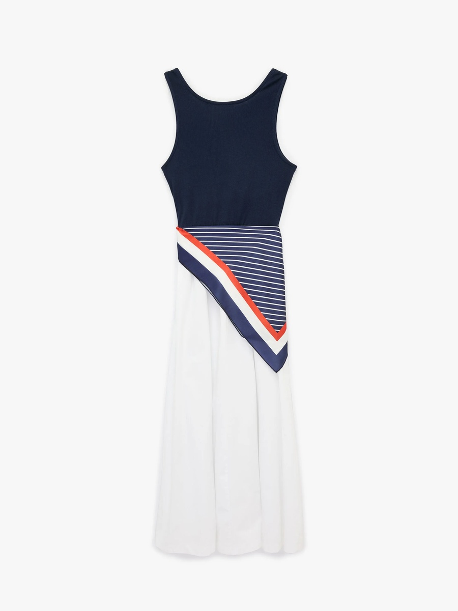 Navy Sleeveless A-Line Midi Dress with Striped Waist Detail