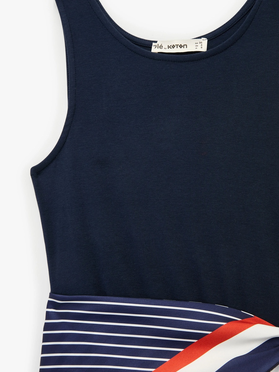 Navy Sleeveless A-Line Midi Dress with Striped Waist Detail
