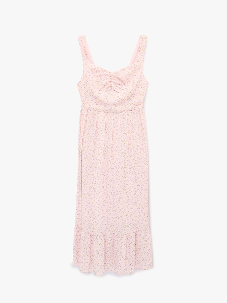 Pink Floral A-Line Midi Dress - Sleeveless Daytime Style