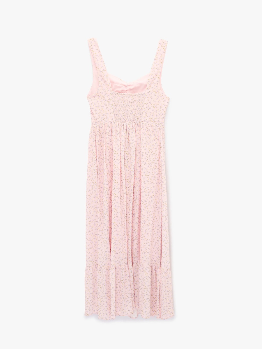 Pink Floral A-Line Midi Dress - Sleeveless Daytime Style