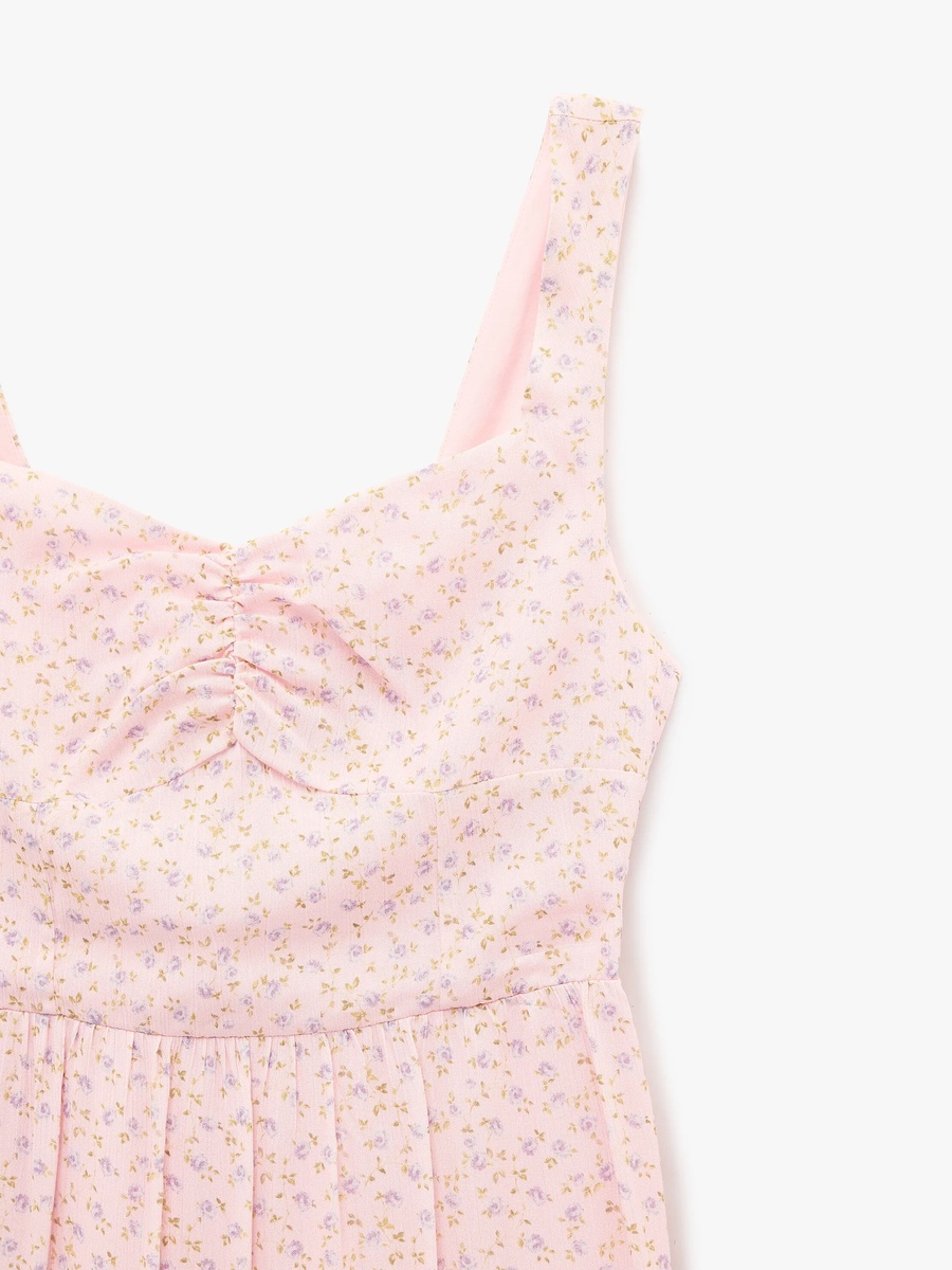 Pink Floral A-Line Midi Dress - Sleeveless Daytime Style