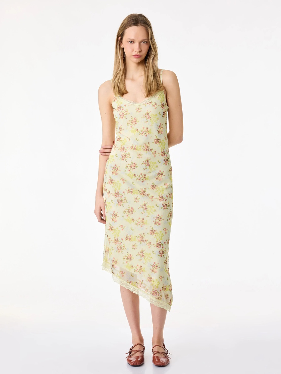 Yellow Floral Sheath Midi Dress for Daytime