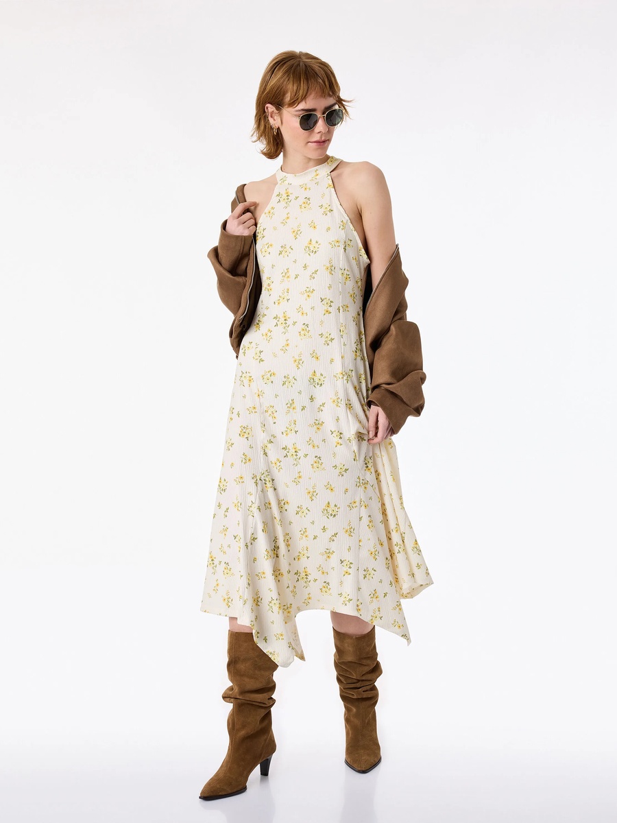 Beige Floral Sleeveless A-Line Midi Dress for Daytime