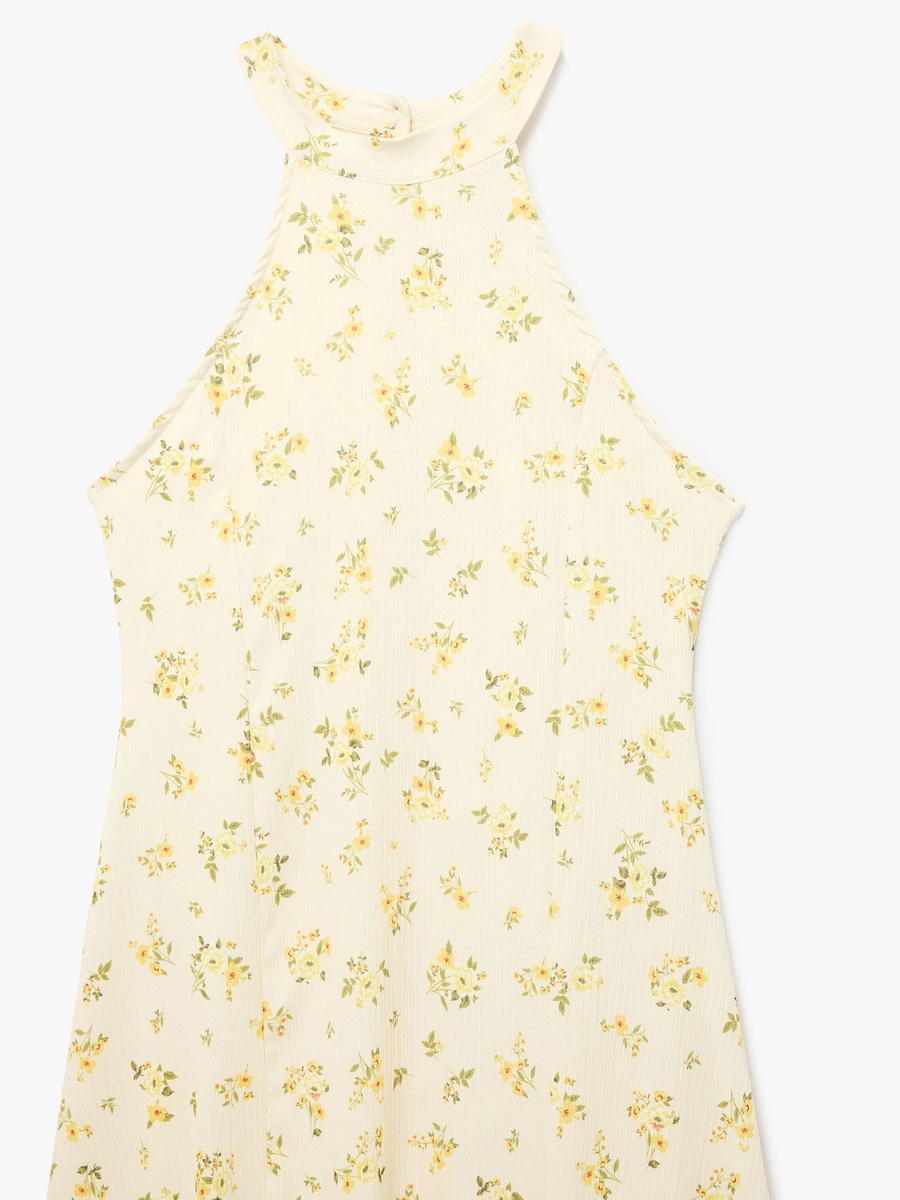 Beige Floral Sleeveless A-Line Midi Dress for Daytime