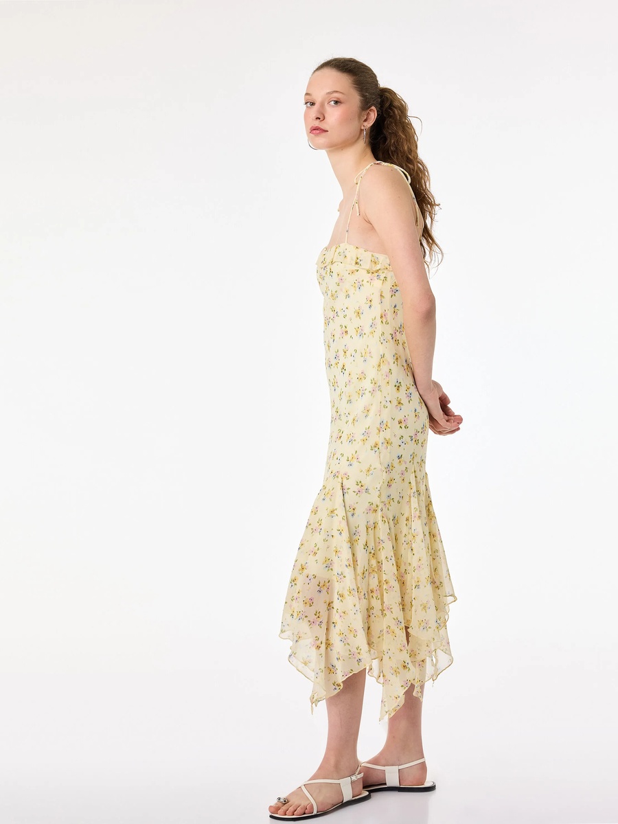 Yellow Floral Strappy Midi A-Line Dress