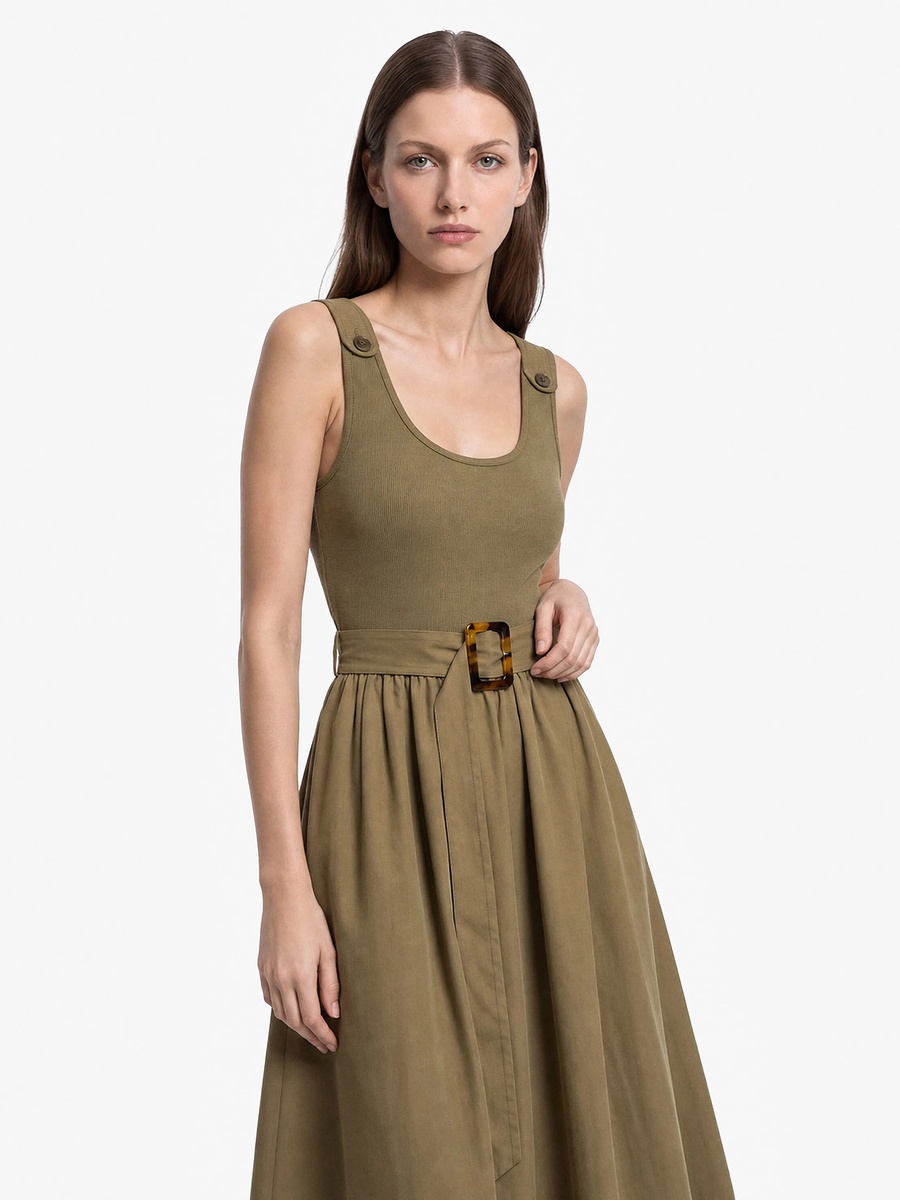 Khaki Sleeveless A-Line Midi Dress for Daytime