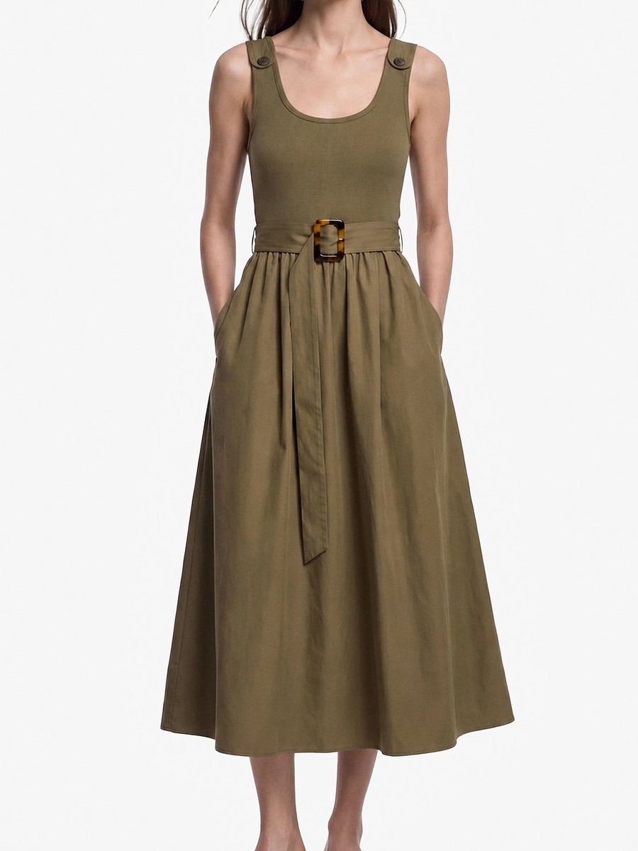 Khaki Sleeveless A-Line Midi Dress for Daytime