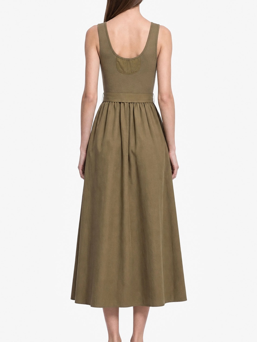 Khaki Sleeveless A-Line Midi Dress for Daytime