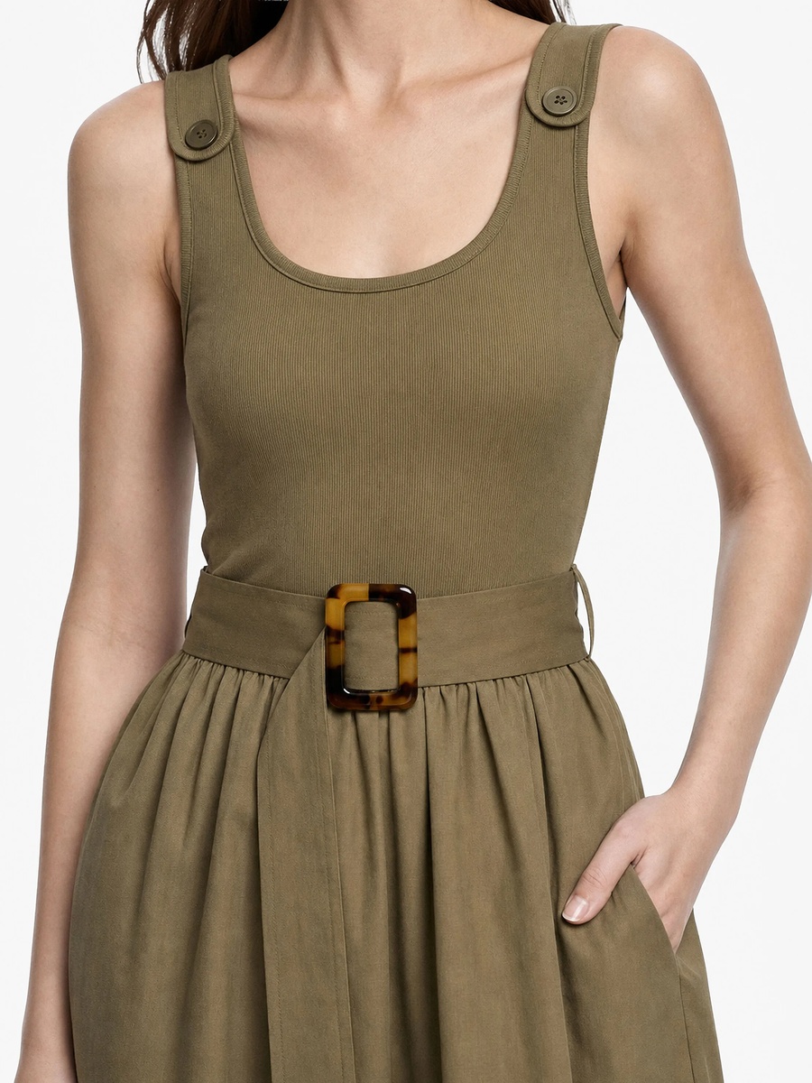 Khaki Sleeveless A-Line Midi Dress for Daytime