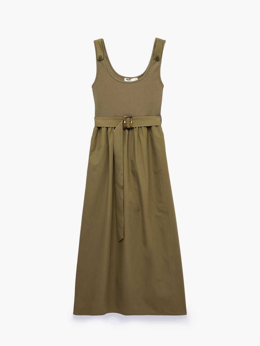 Khaki Sleeveless A-Line Midi Dress for Daytime