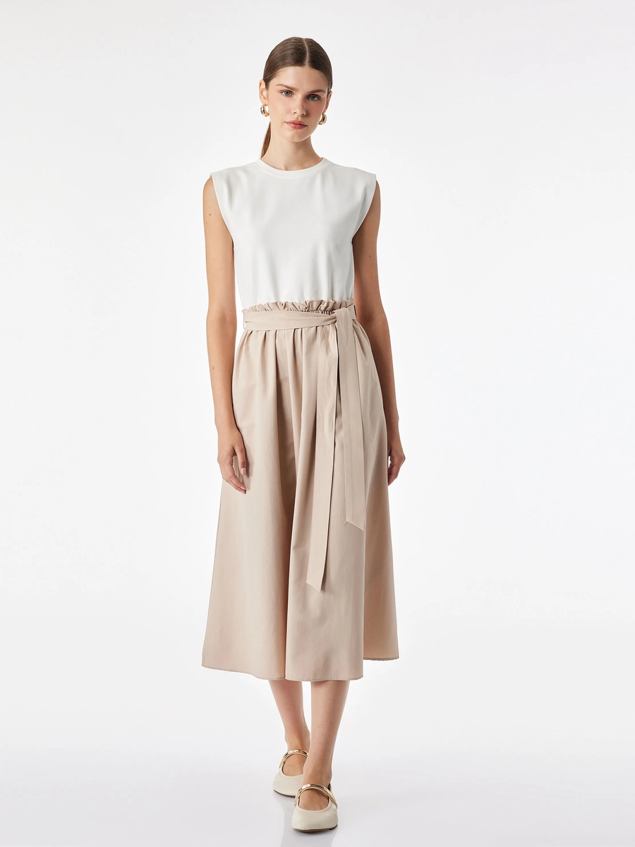 Chic Beige A-Line Midi Dress with Tie-Waist