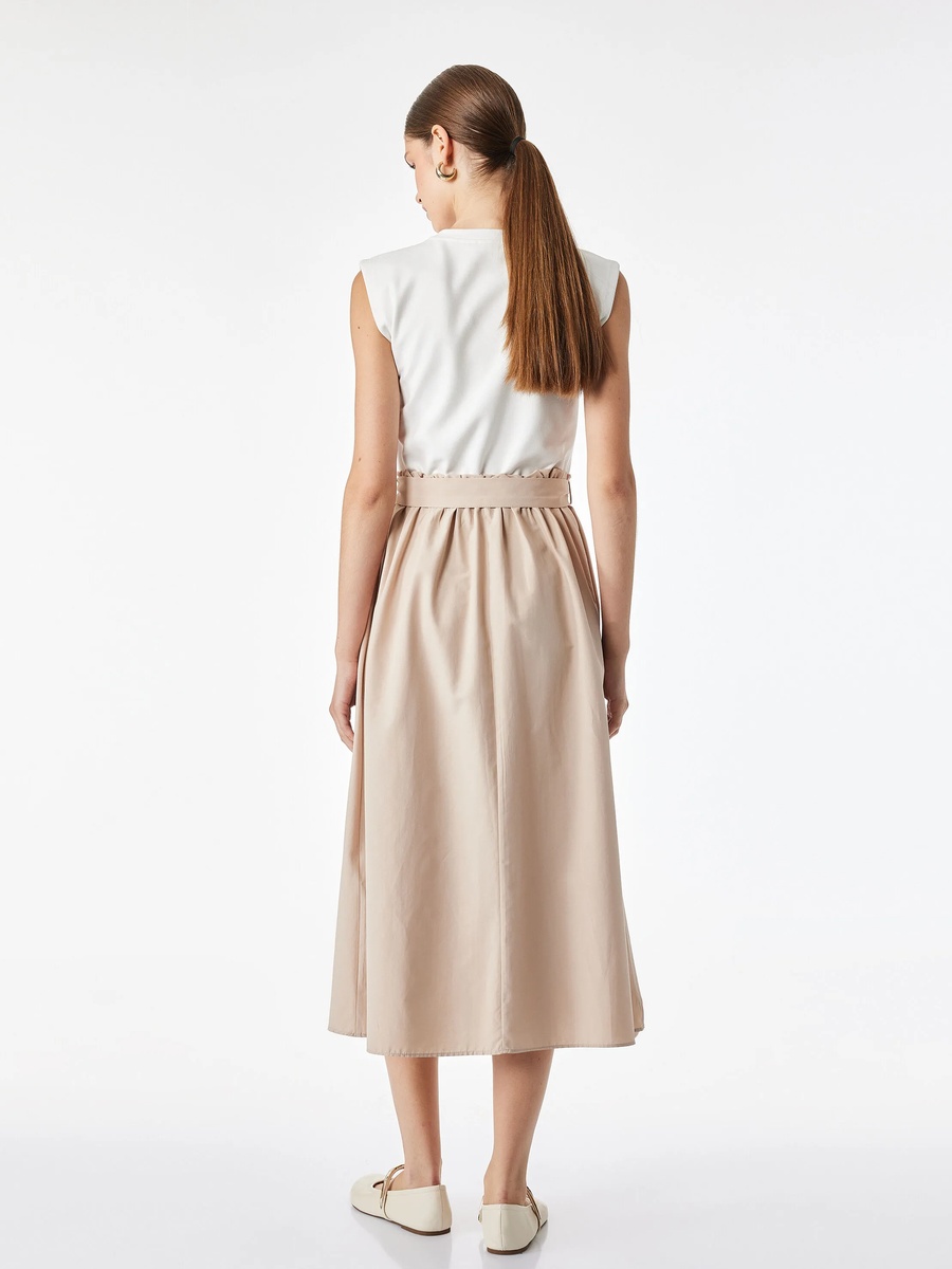 Chic Beige A-Line Midi Dress with Tie-Waist