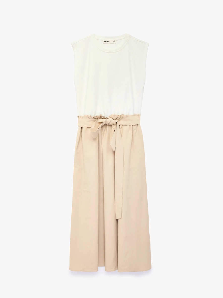 Chic Beige A-Line Midi Dress with Tie-Waist