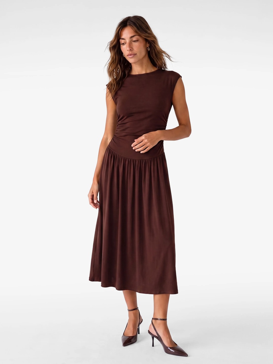 Sleeveless A-Line Midi Dress in Plain Brown