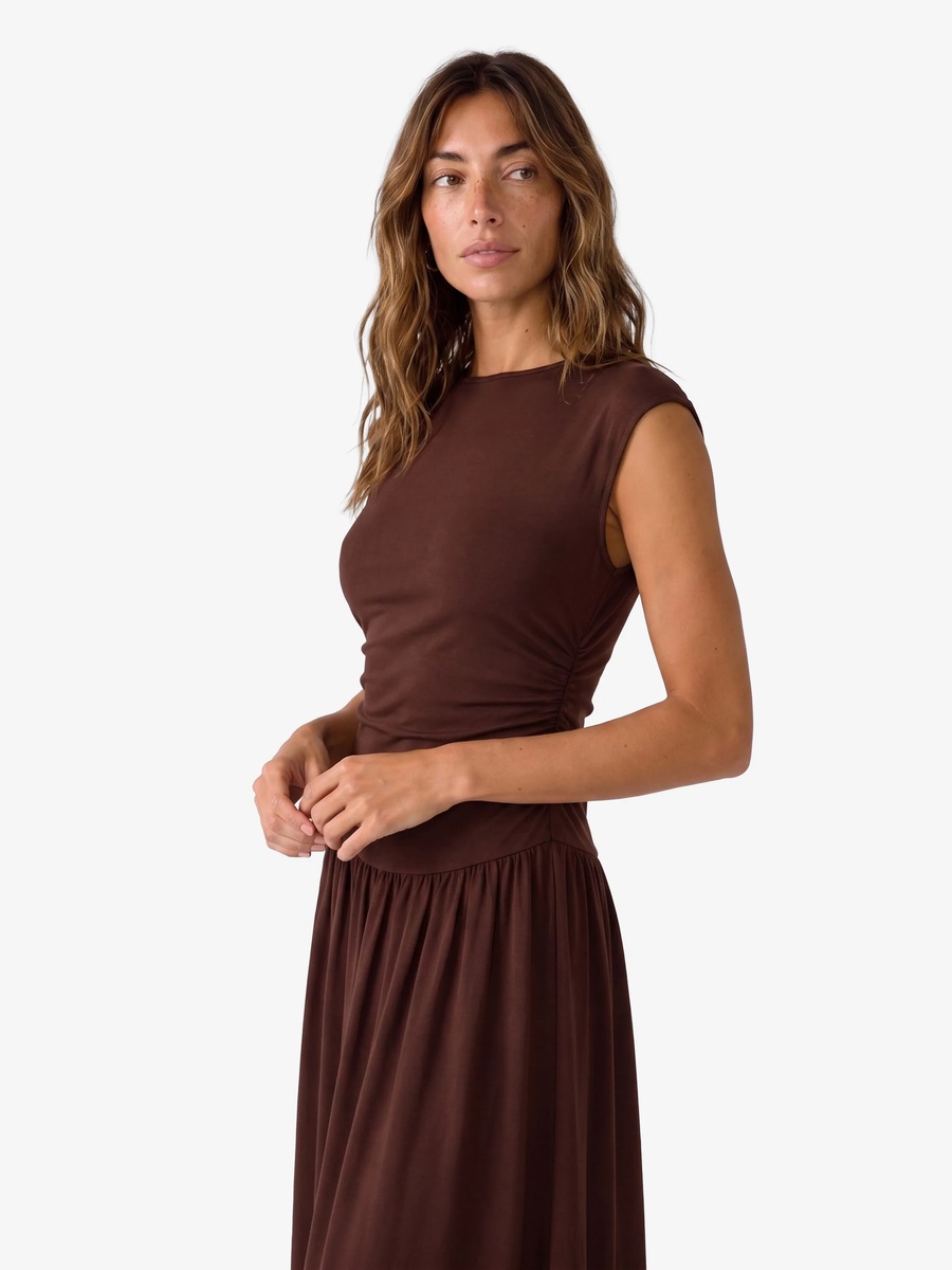Sleeveless A-Line Midi Dress in Plain Brown